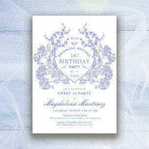 Sweet 16 French Vintag Blue Floral Wappen Einladung
