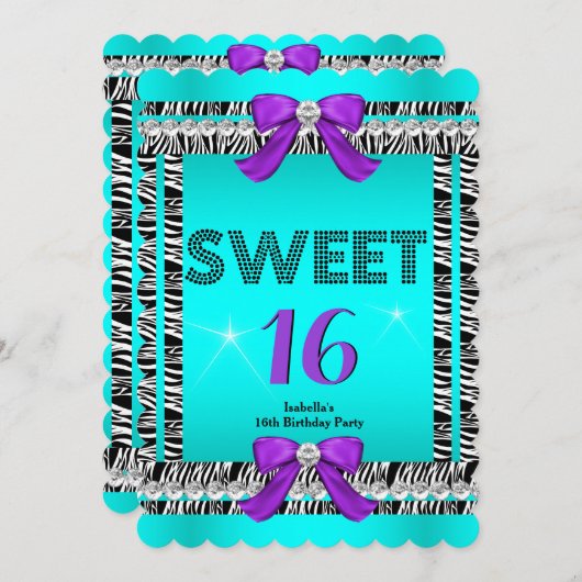 Sweet 16 Fun Party Zebra Aquamarin Blue Lila Bow 6 Einladung (Vorne/Hinten)