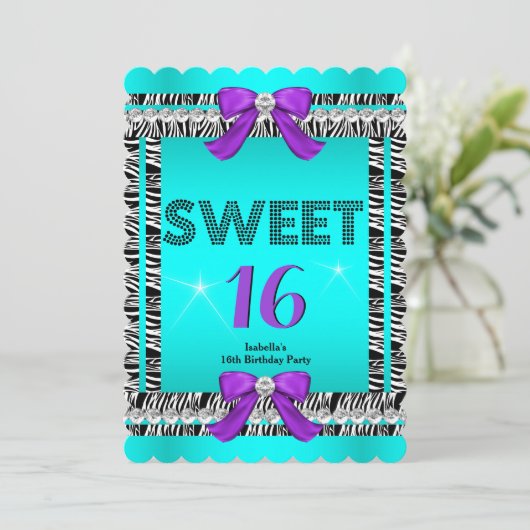 Sweet 16 Fun Party Zebra Aquamarin Blue Lila Bow 6 Einladung (Stehend Vorderseite)