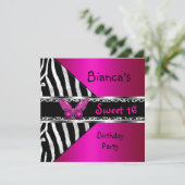 Sweet 16 Fushia Pink Silver Black Zebra Leopard Einladung (Stehend Vorderseite)