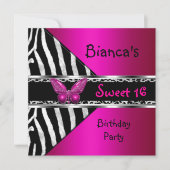 Sweet 16 Fushia Pink Silver Black Zebra Leopard Einladung (Vorderseite)