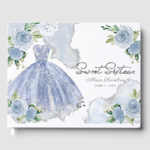 Sweet 16 Gästebuch Silver Dusty Blue Gown Floral