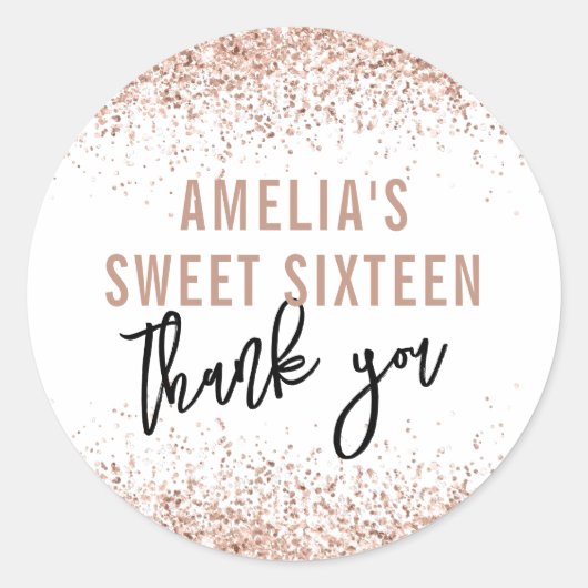 Sweet 16 Gastgeschenk Sticker Rose Gold Glitzer (Vorderseite)