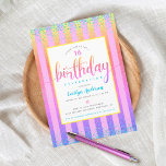 Sweet 16 Geburts Regenbogen ombre Glitzer Skript Einladung<br><div class="desc">"Alles Gute zum 16. Geburtstag". Versenden Sie diese atemberaubende, moderne, winzig funkelnd türkisblaue Imitate Glitzer Konfetti Punkte und rosa gelb orange ombre Typografie Skript vor einem hellrosa und Regenbogen ombre Glitzer gestreift Hintergrund, personalisiert Einladung für eine Veranstaltung zu erinnern. Personalisieren Sie den benutzerdefinierten Text mit dem Ehrengast, dem Geburtsjahr und...</div>
