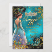 Sweet 16. Geburtstag Aquamarin Gold Dress Butterfl Einladung (Vorderseite)
