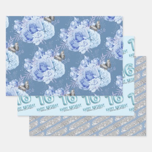 Sweet 16. Geburtstag Blue Blume Geschenkpapier Set (Set)