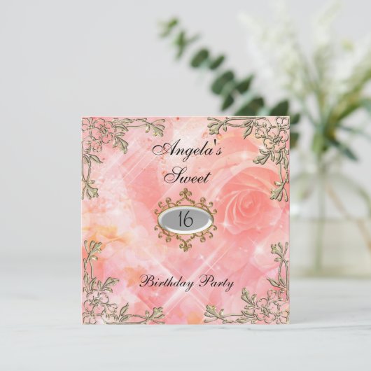 Sweet 16 Geburtstag Einladung Pink Blume (Stehend Vorderseite)