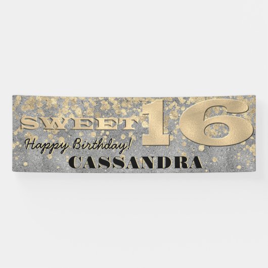 Sweet 16 Geburtstag | Goldfolie und Glitzer Banner (Horizontal)