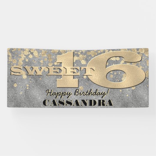 Sweet 16 Geburtstag | Goldfolie und Glitzer Banner (Horizontal)