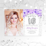 Sweet 16 Geburtstag mit Foto Silber Lila Blüte Einladung<br><div class="desc">Sweet 16 Geburtstagsfeier Einladung mit Ihrem Foto. Verfügt über silberne Konfetti,  Ballonnummer und lila Rose. 16 . Geburtstag Klassisches Blumendesign mit verglasten Imitaten Glitzer Silber. Ideal für eine elegante,  süße 16. Geburtstagsfeier.</div>