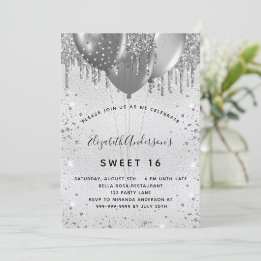 Sweet 16 Geburtstag Silber Glitzer Einladung (Stehend Vorderseite)
