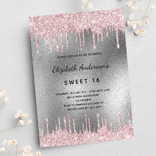 Sweet 16 Geburtstag Silber Glitzer Rosa Einladung Postkarte