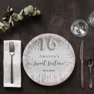 Sweet 16 Geburtstag Silberpink Glitzer Drehbuch Pappteller