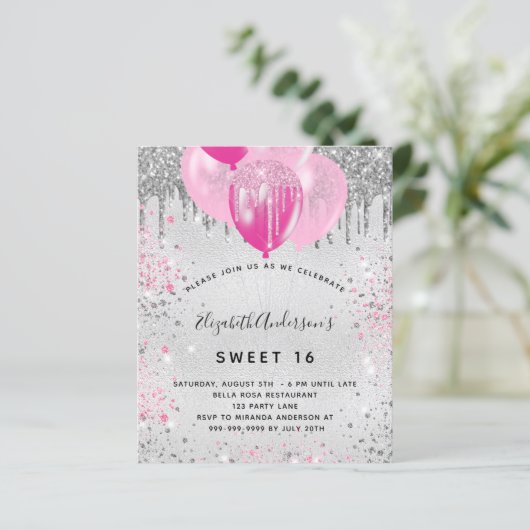 Sweet 16 Geburtstag Silberrosa Glitzer Einladung (Stehend Vorderseite)