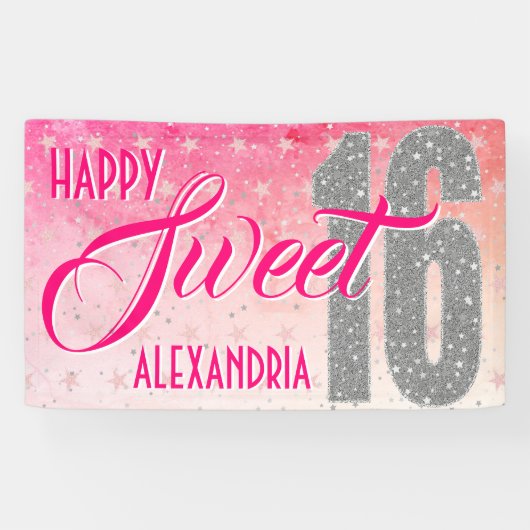 Sweet 16 Geburtstag | Sterne Rosa Glitzer Banner (Horizontal)