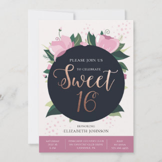Sweet 16 Geburtstagskarte. Gold und Rosa. Floral Einladung