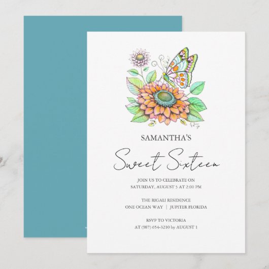 Sweet 16 Geburtstagsparty Butterfly Thema Einladung (Vorne/Hinten)