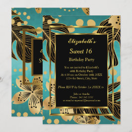 Sweet 16 Geburtstagsparty Gold Aquamarine schwarze Einladung