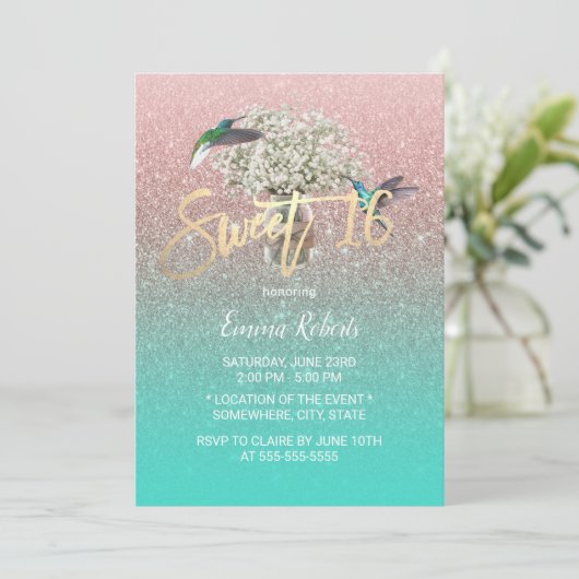 Sweet 16 Gipskraut Hummingbird Rose Gold Aquamarin Einladung (Stehend Vorderseite)