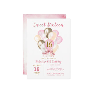 Sweet 16. Girl Birthday Pink Bow Gold Ballon Einladung