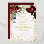 Sweet 16 Glam Burgund Rose Floral Geburtstagsparty Folieneinladung<br><div class="desc">Elegante und klassische dunkelrote und bordeauxrote Rose mit Samenperlen auf einem Spritzer "Sweet 16" Geburtstagsparty Design von Holiday Hearts Designs. Der gesamte Text ist reale Goldfolie und der Spritzer-Rahmen ist eine Kombination aus Goldfolie und goldfarbenem Farbverlauf. Saatperlen sind Imitate gedruckt.</div>