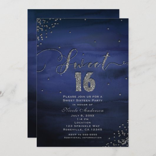 SWEET 16 Glam Modernes Watercolor Blau Silber Part Einladung (Vorne/Hinten)