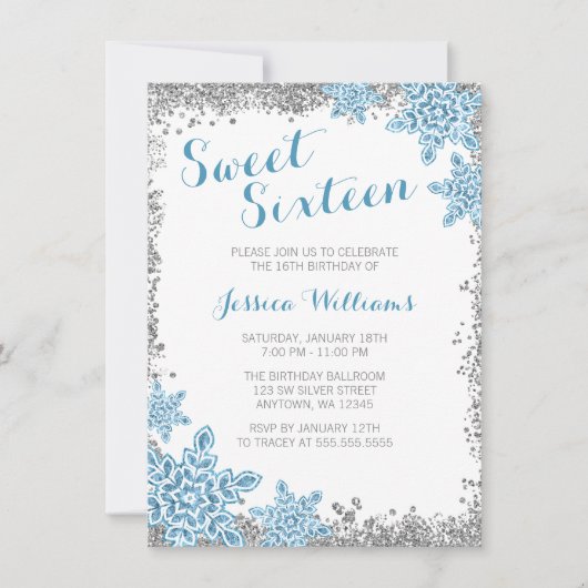 Sweet 16 Glam Winter Wonderland Silver Blue Einladung (Vorderseite)