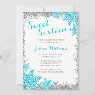 Sweet 16 Glam Winter Wunderland Silver Aqua Einladung
