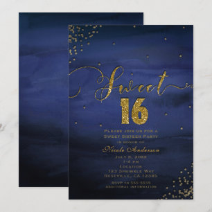 SWEET 16 Glamour Moderne Wasserfarbe Blau- und Gol Einladung