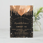 Sweet 16 Glitzer-Ballons aus Schwarzgold Einladung (Stehend Vorderseite)