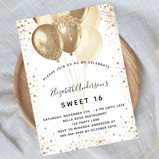 Sweet 16 Glitzer-Ballons aus Weißgold Einladung
