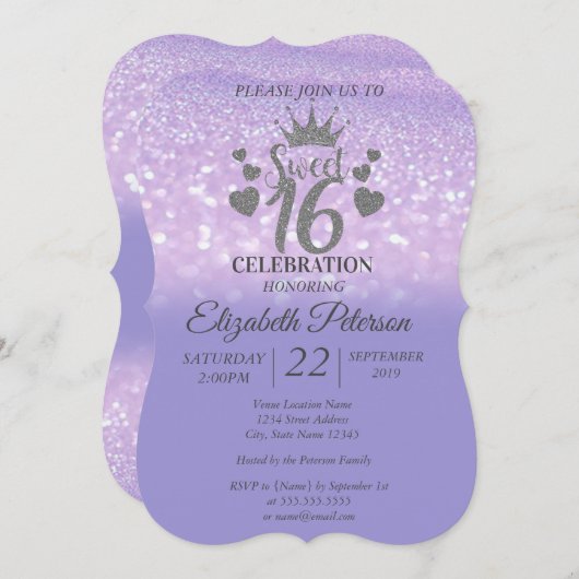 Sweet 16 Glitzer Bokeh Ombre, Glitzer Tiara Einladung (Vorne/Hinten)