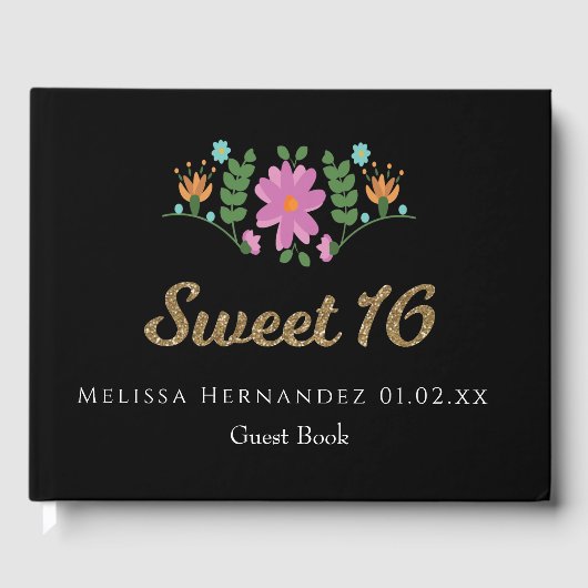 Sweet 16 Glitzer Floral Mexikanische Blume Gästebuch (Vorderseite)