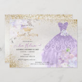 Sweet 16 Glitzer Gown Dusty Lila Lilac Gold Einladung (Vorne/Hinten)
