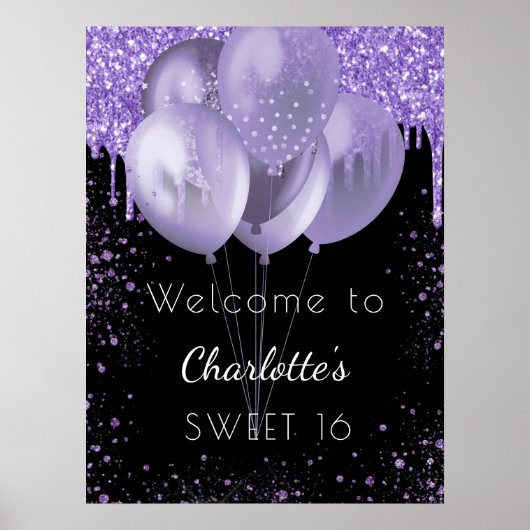 Sweet 16 Glitzer mit schwarzviolettem Saft willkom Poster (Vorne)