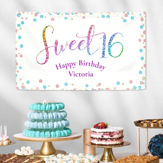 Sweet 16 Glitzer Rainbow Confetti Moderner Geburts Banner