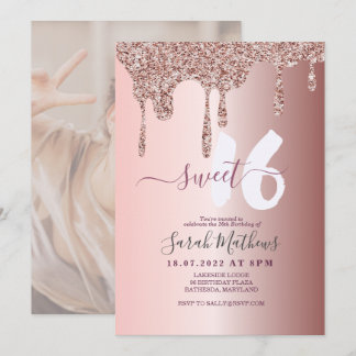 Sweet 16 Glitzer Tropfen Rose Gold Geburtstag Einladung