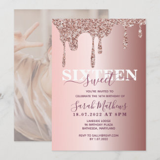Sweet 16 Glitzer Tropfen Rose Gold Geburtstag Invi Einladung