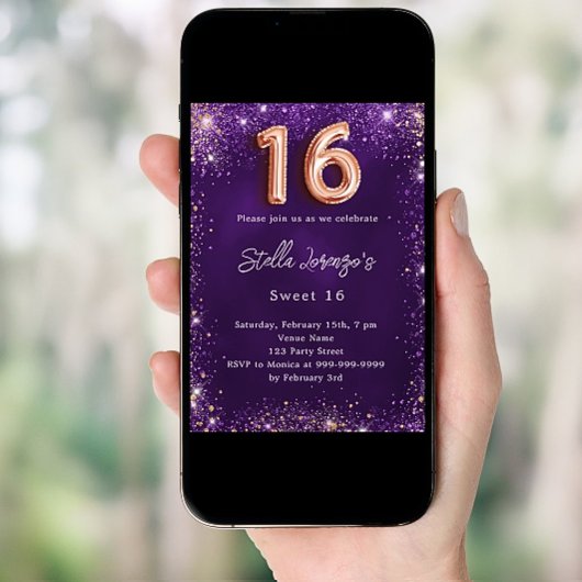 Sweet 16 Glitzern aus lila Rose Einladung