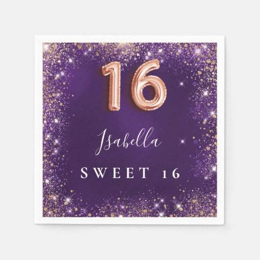 Sweet 16 Glitzern mit lila Rose Serviette (Vorderseite)