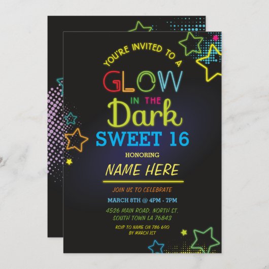 Sweet 16 Glow im dunklen Birthday Neon Party Einladung (Vorne/Hinten)