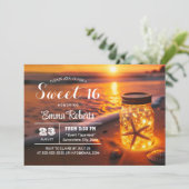 Sweet 16 glühende Mason Jar Sunset Beach Geburtsta Einladung (Stehend Vorderseite)