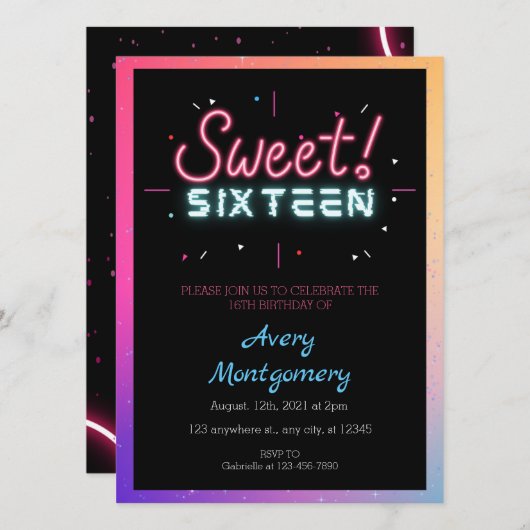Sweet 16. glühende Neon Geburtstag Einladung (Vorne/Hinten)