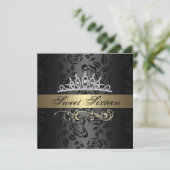Sweet 16 Gold & Black Tiara Einladung zum Geburtst (Stehend Vorderseite)