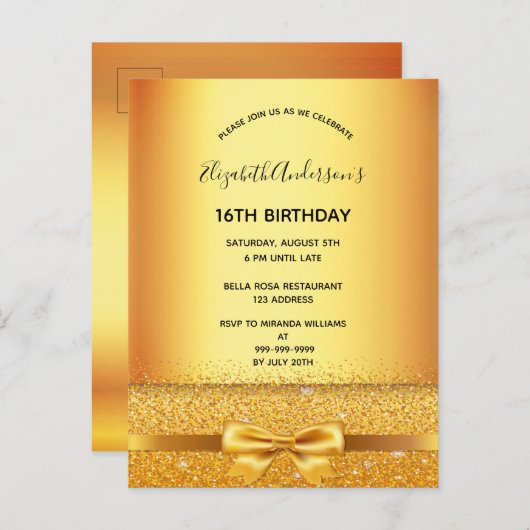 Sweet 16 Gold elegante Bogen-Einladung Postkarte (Vorne/Hinten)
