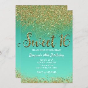 Sweet 16 Gold Glitzer & Aquamarine Geburtstagspart Einladung