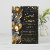 Sweet 16 Gold Glitzer Balloons Glam Birthday Party Einladung (Stehend Vorderseite)