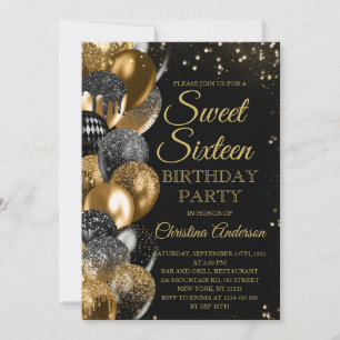 Sweet 16 Gold Glitzer Balloons Glam Birthday Party Einladung