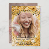 Sweet 16 Gold Glitzer & Foto Party Einladung (Vorne/Hinten)