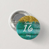 Sweet 16 Gold Glitzer Girly Turquoise Name Button (Vorne & Hinten)